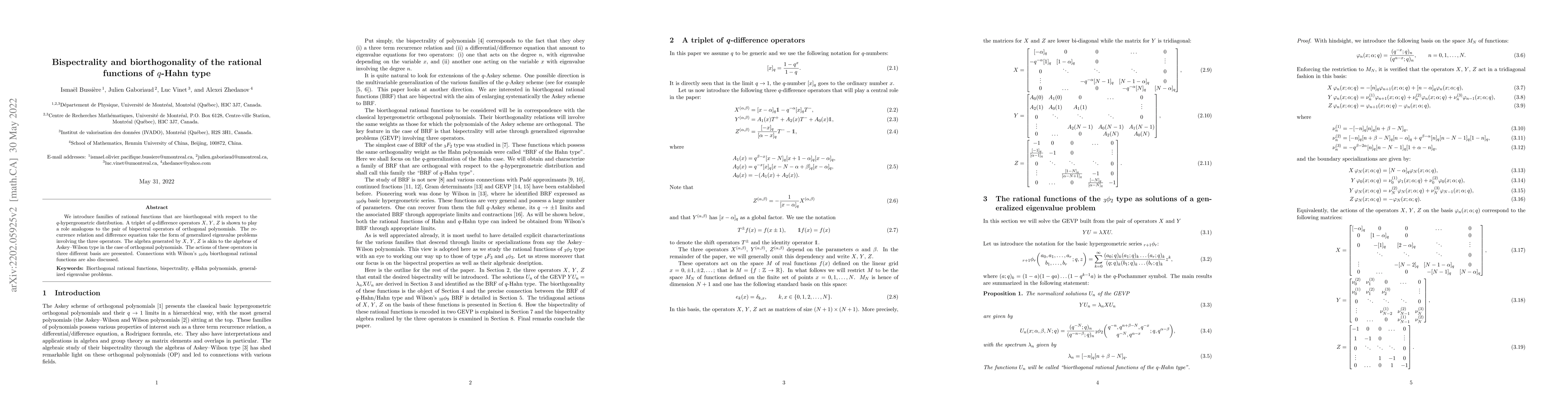 Thumbnail for Bispectrality and biorthogonality of the rational functions of $q$-Hahn
  type