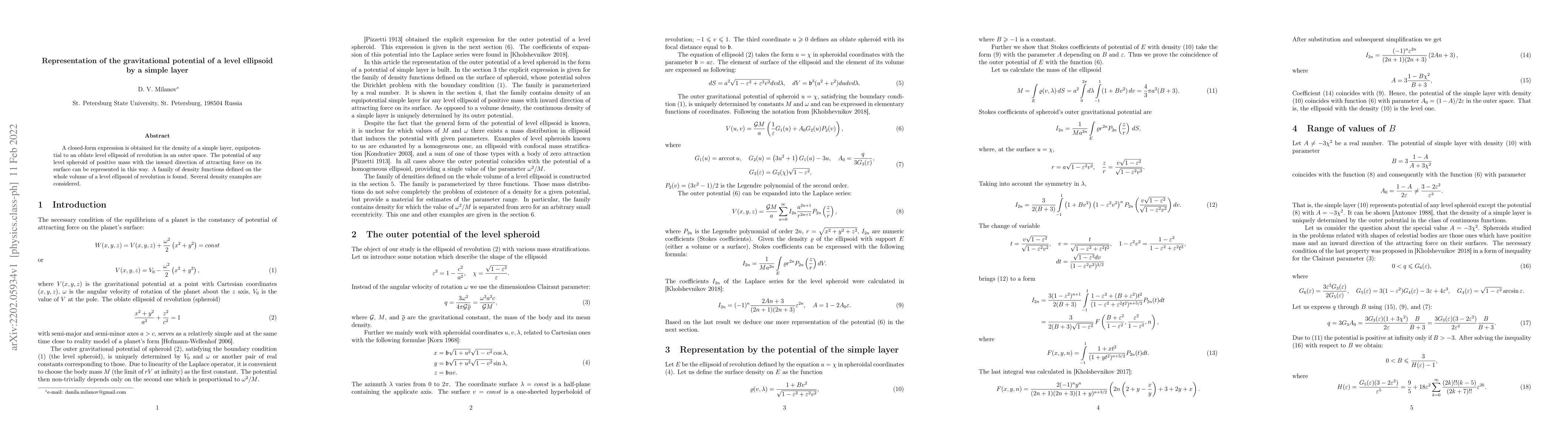 Thumbnail for Representation of the gravitational potential of a level ellipsoid by a
  simple layer