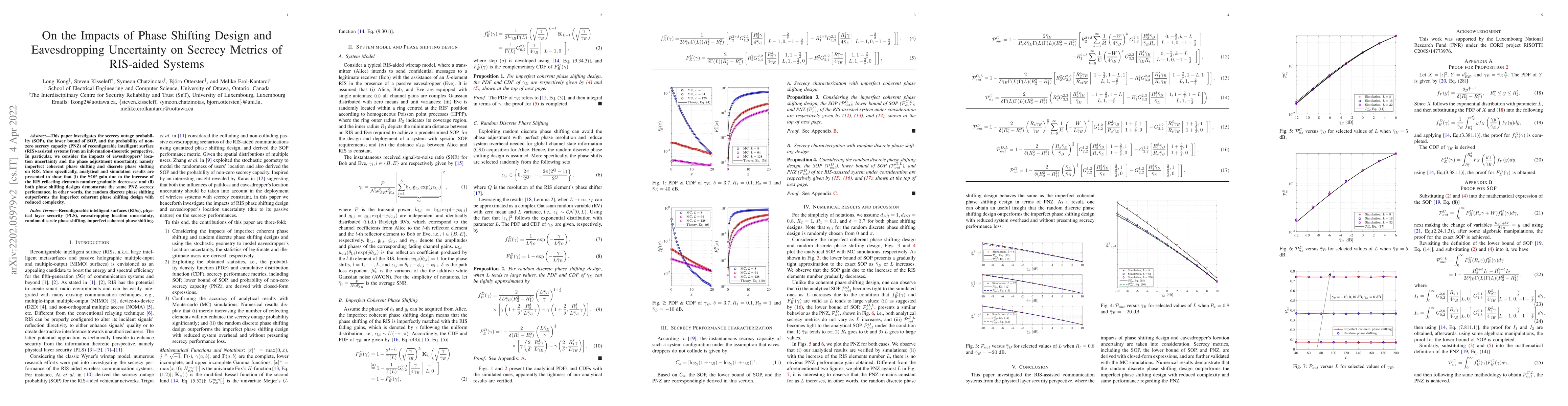 Thumbnail for On the Impacts of Phase Shifting Design and Eavesdropping Uncertainty on
  Secrecy Metrics of RIS-aided Systems