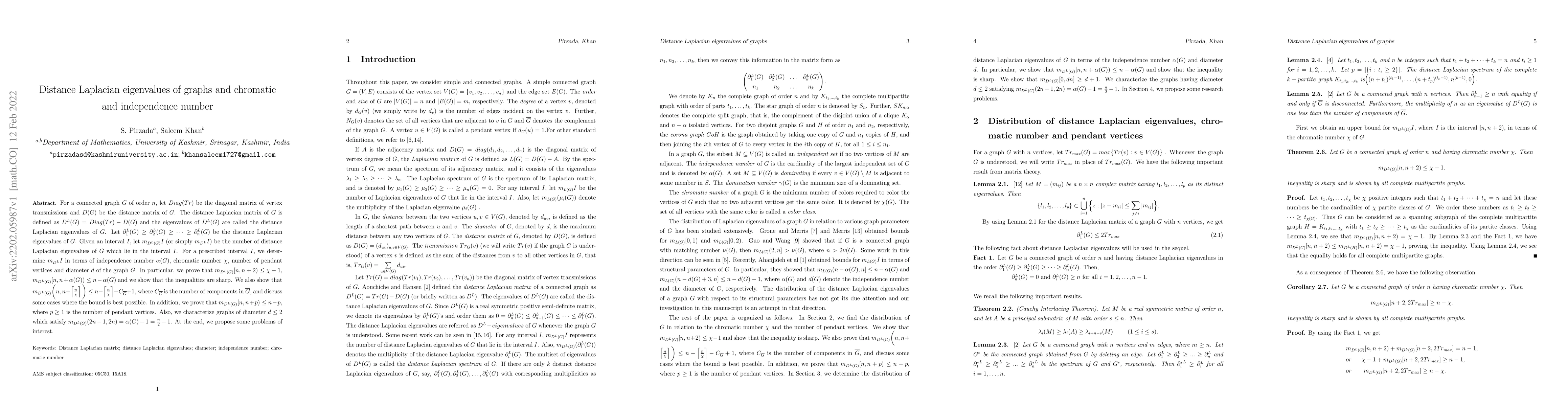 Thumbnail for Distance Laplacian eigenvalues of graphs and chromatic and independence
  number