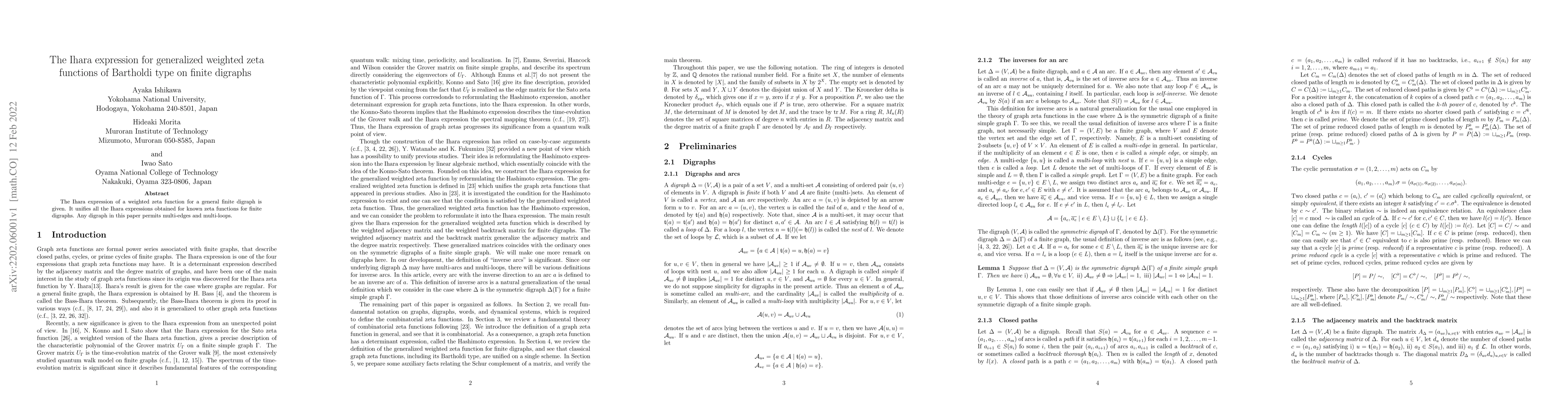 Thumbnail for The Ihara expression for generalized weighted zeta functions of
  Bartholdi type on finite digraphs