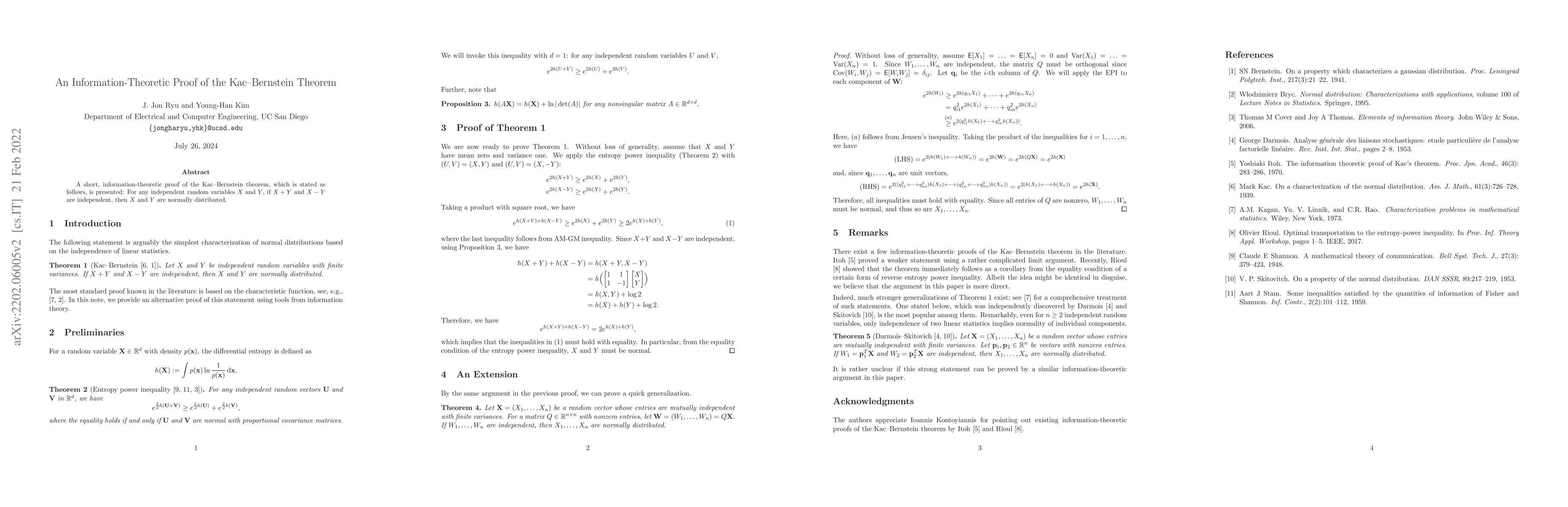 Thumbnail for An Information-Theoretic Proof of the Kac--Bernstein Theorem