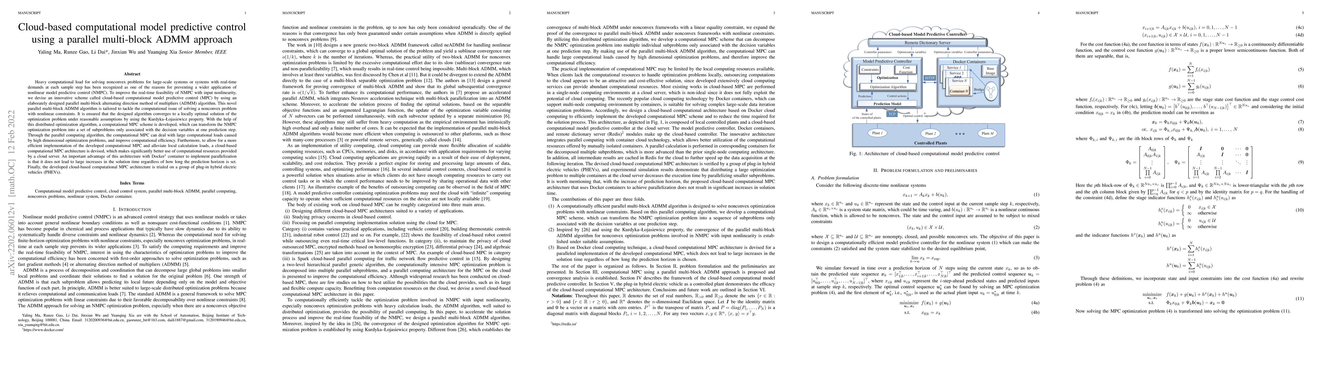 Thumbnail for Cloud-based computational model predictive control using a parallel
  multi-block ADMM approach