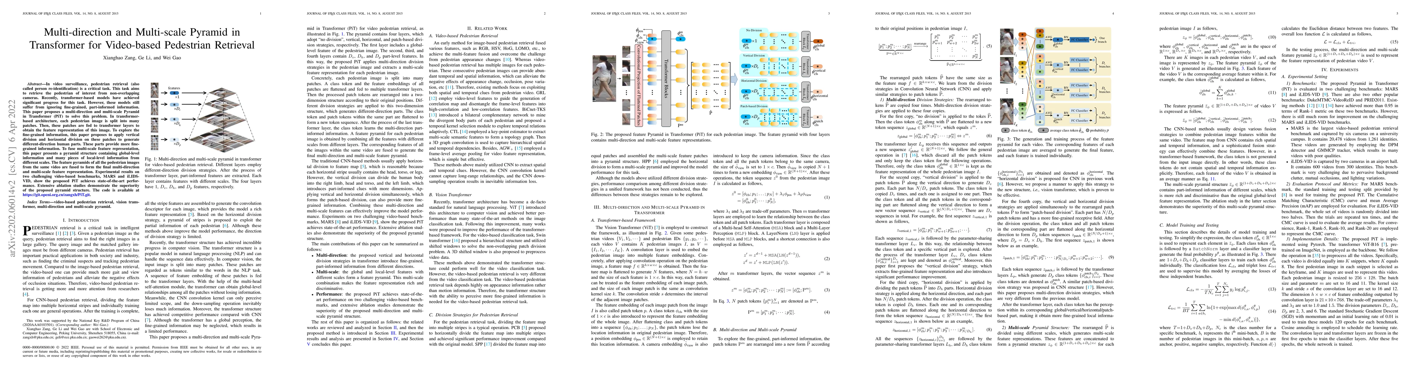 Thumbnail for Multi-direction and Multi-scale Pyramid in Transformer for Video-based
  Pedestrian Retrieval