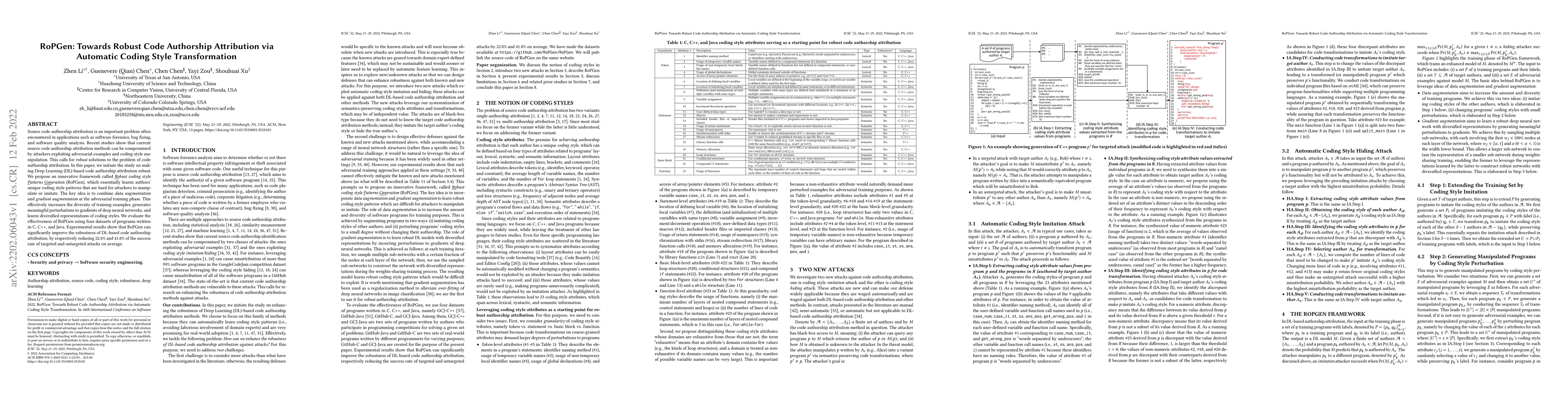 Thumbnail for RoPGen: Towards Robust Code Authorship Attribution via Automatic Coding
  Style Transformation