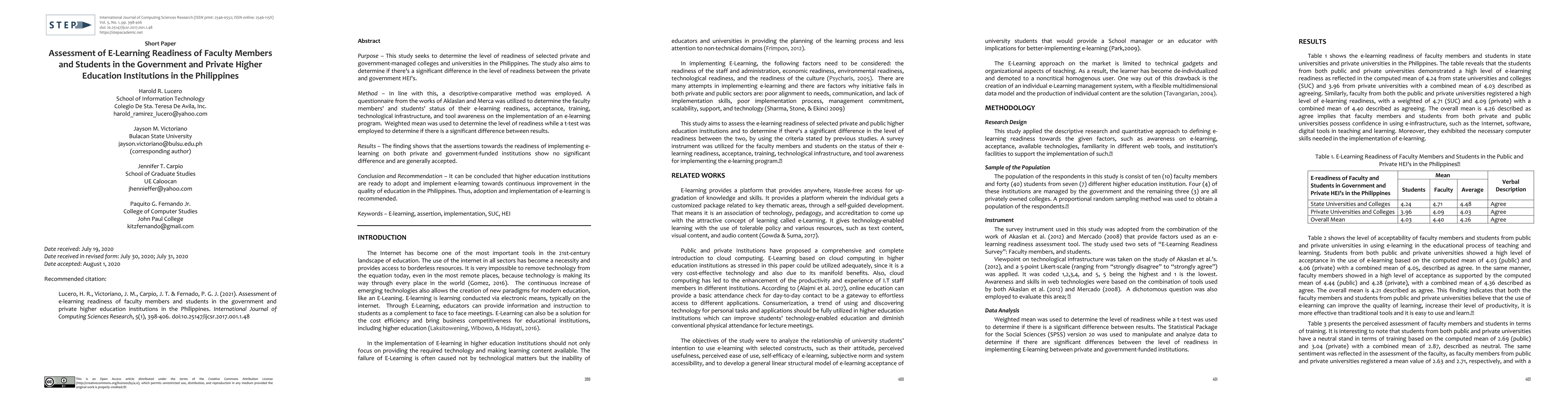 Thumbnail for Assessment of E-Learning Readiness of Faculty Members and Students in
  the Government and Private Higher Education Institutions in the Philippines
