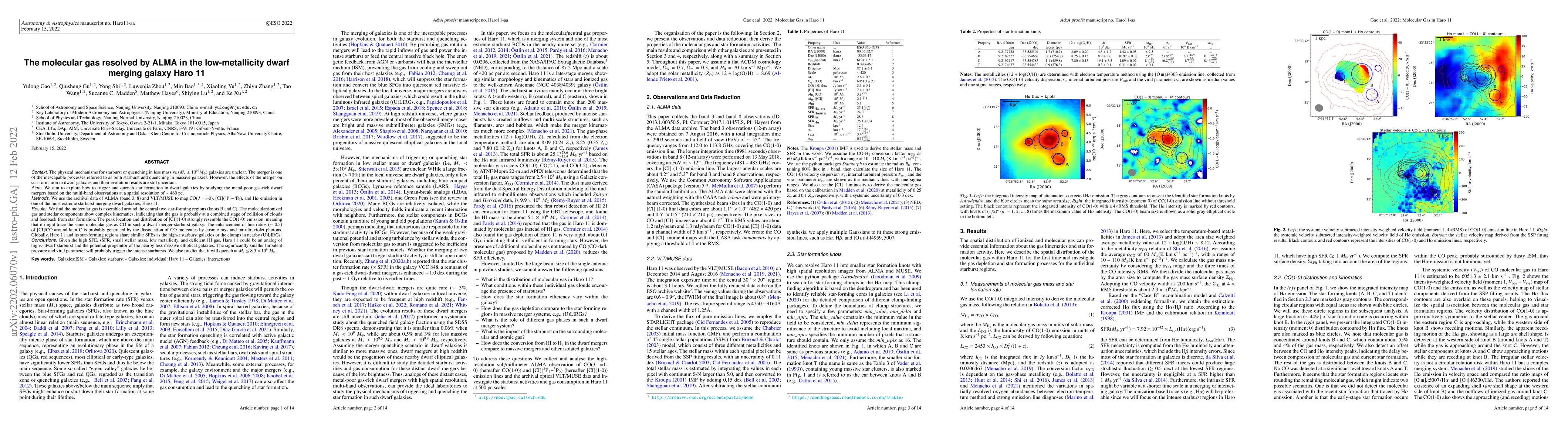 Thumbnail for The molecular gas resolved by ALMA in the low-metallicity dwarf merging
  galaxy Haro 11