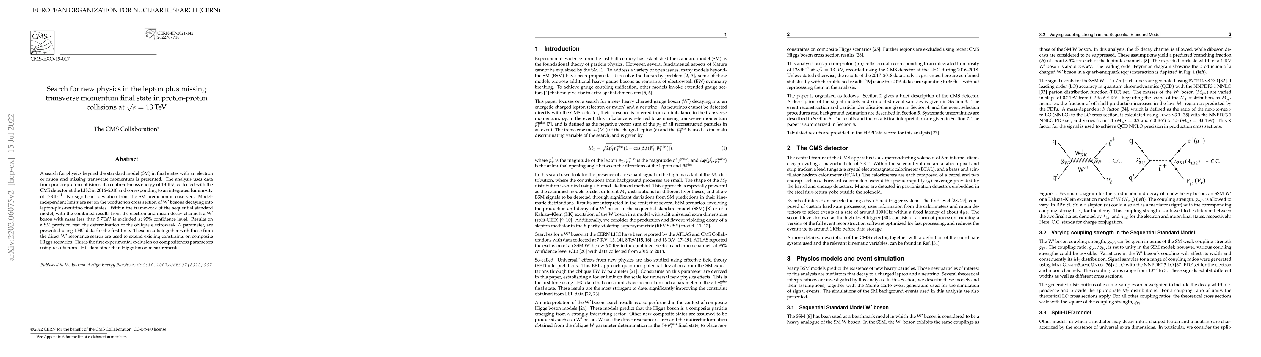 Thumbnail for Search for new physics in the lepton plus missing transverse momentum
  final state in proton-proton collisions at $\sqrt{s} =$ 13 TeV
