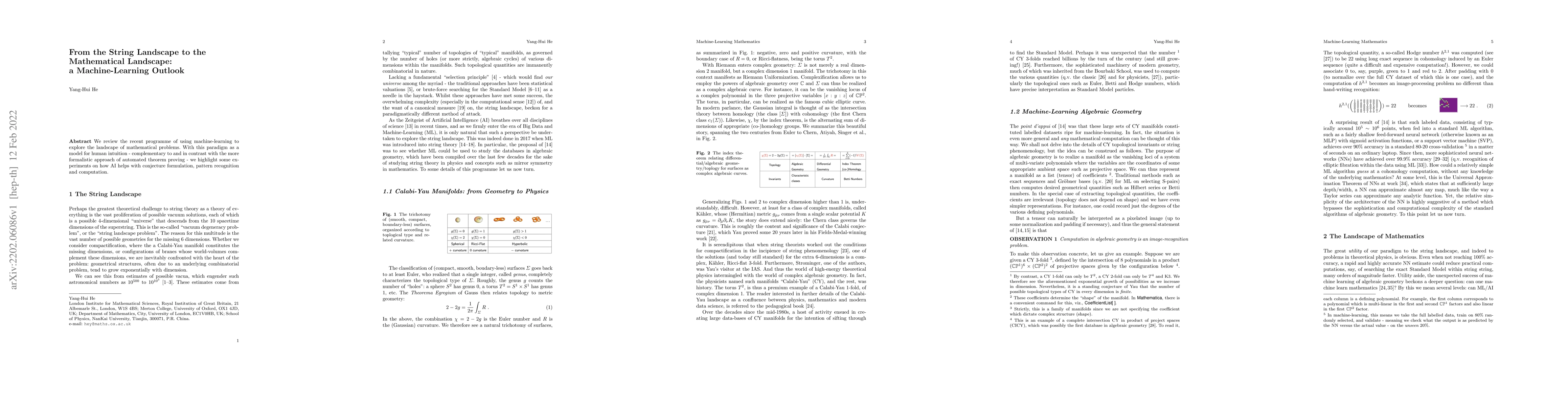 Thumbnail for From the String Landscape to the Mathematical Landscape: a
  Machine-Learning Outlook