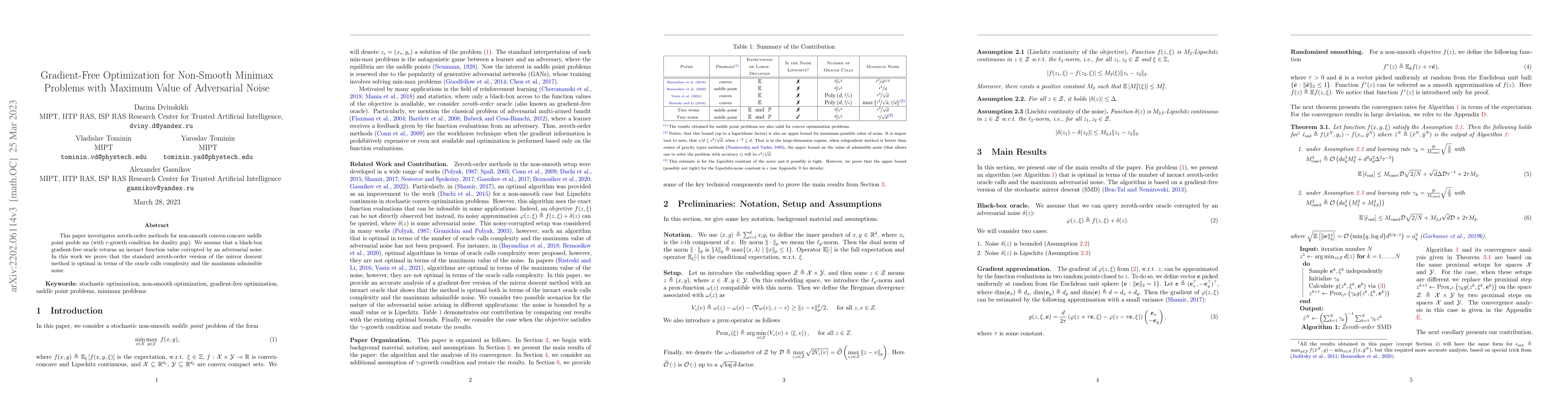 Thumbnail for Gradient-Free Optimization for Non-Smooth Saddle Point Problems under
  Adversarial Noise
