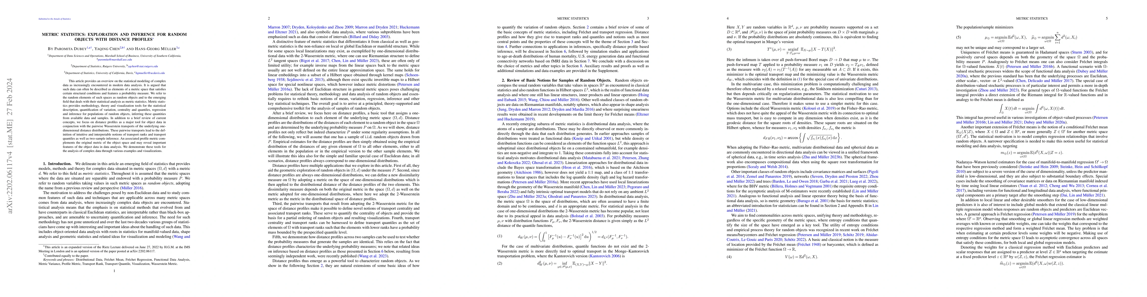 Thumbnail for Metric Statistics: Exploration and Inference for Random Objects With
  Distance Profiles