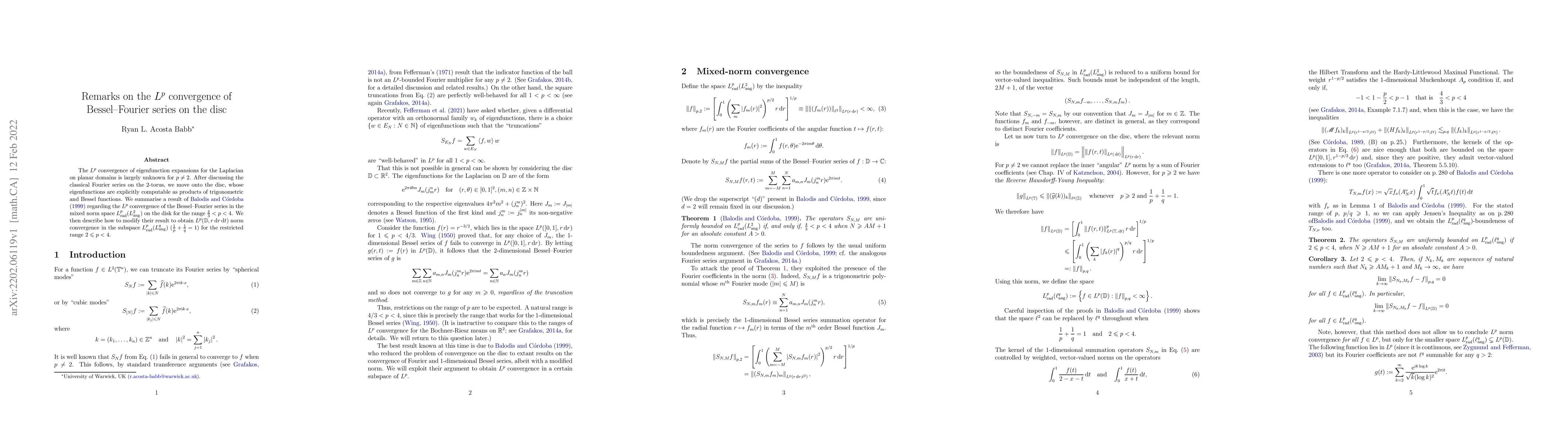 Thumbnail for Remarks on the $L^p$ convergence of Bessel--Fourier series on the disc