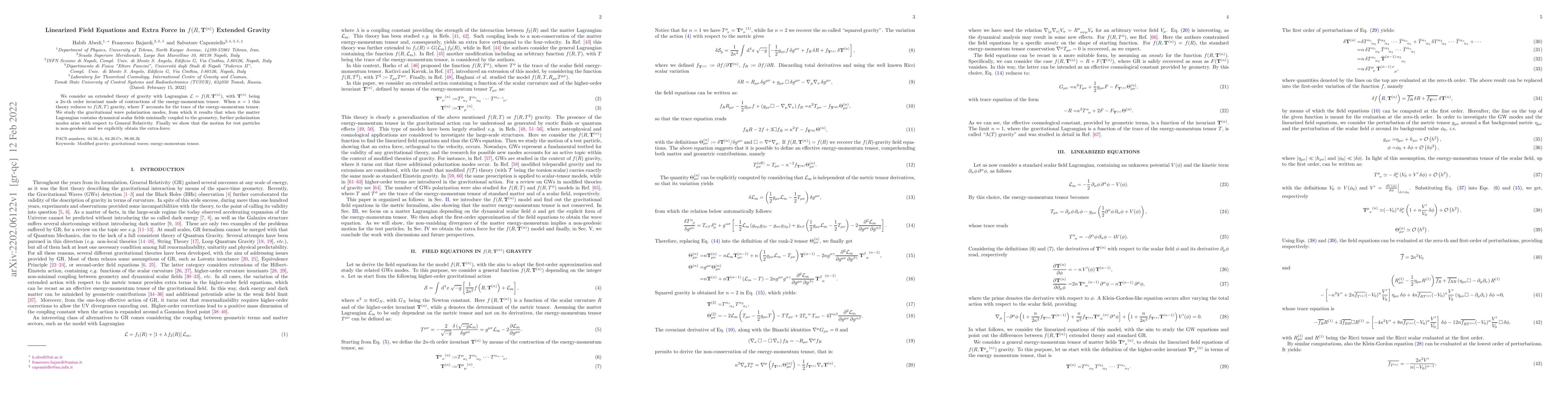 Thumbnail for Linearized Field Equations and Extra Force in $f(R,{\bf T}^{(n)})$
  Extended Gravity