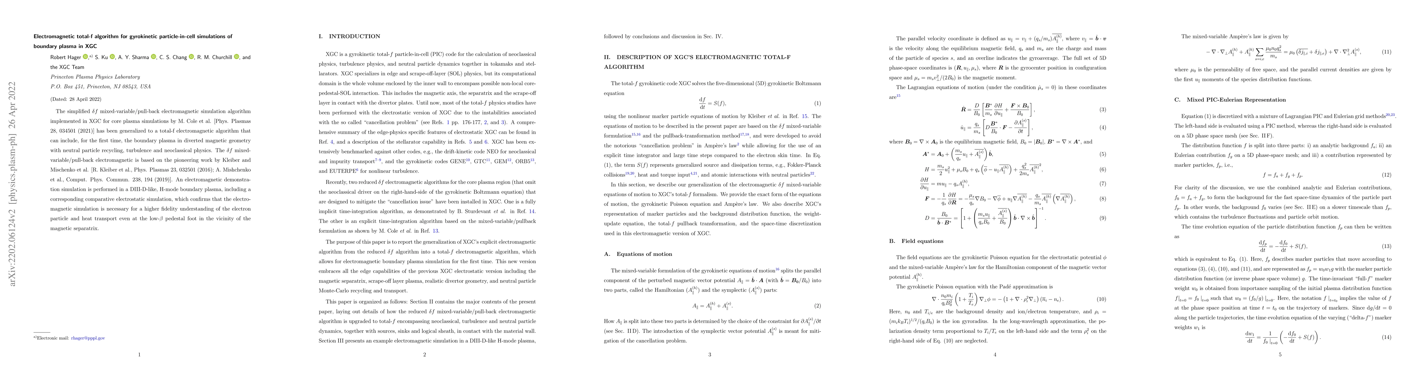 Thumbnail for Electromagnetic total-f algorithm for gyrokinetic particle-in-cell
  simulations of boundary plasma in XGC