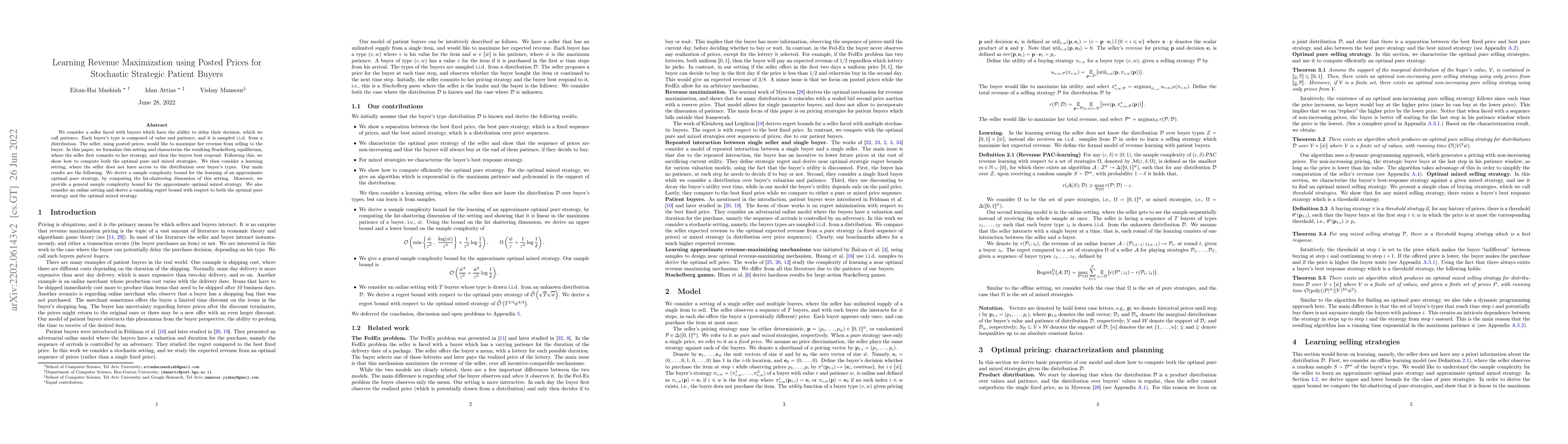 Thumbnail for Learning Revenue Maximization using Posted Prices for Stochastic
  Strategic Patient Buyers