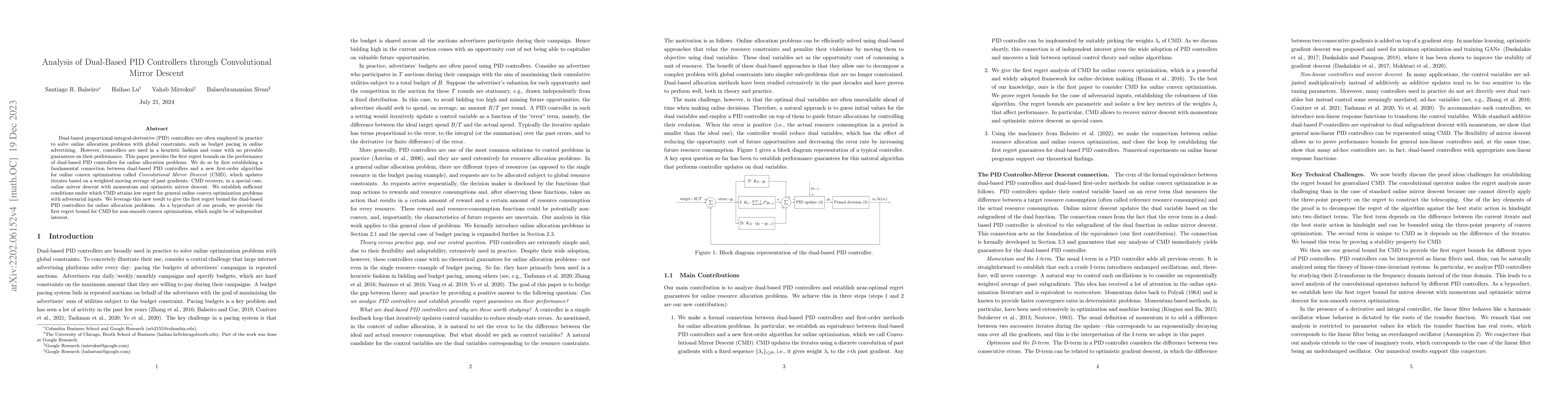 Thumbnail for Analysis of Dual-Based PID Controllers through Convolutional Mirror
  Descent