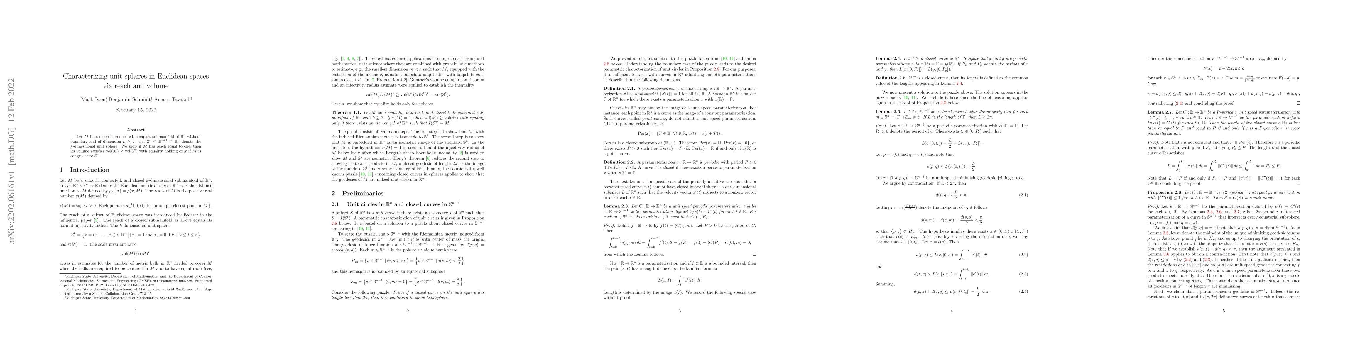 Thumbnail for Characterizing unit spheres in Euclidean spaces via reach and volume