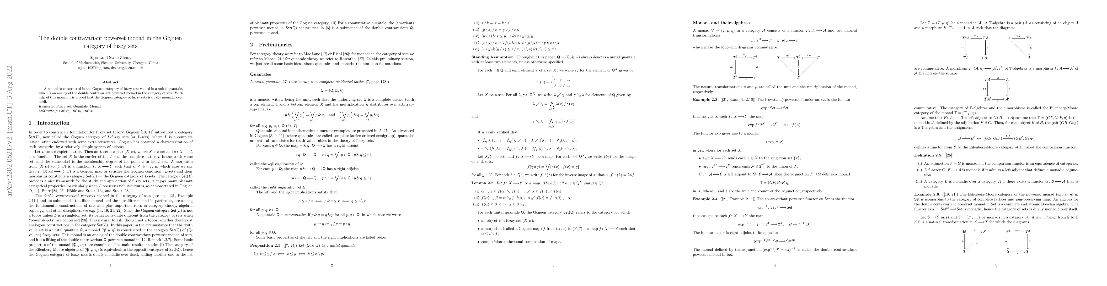 Thumbnail for The double contravariant powerset monad in the Goguen category of fuzzy
  sets