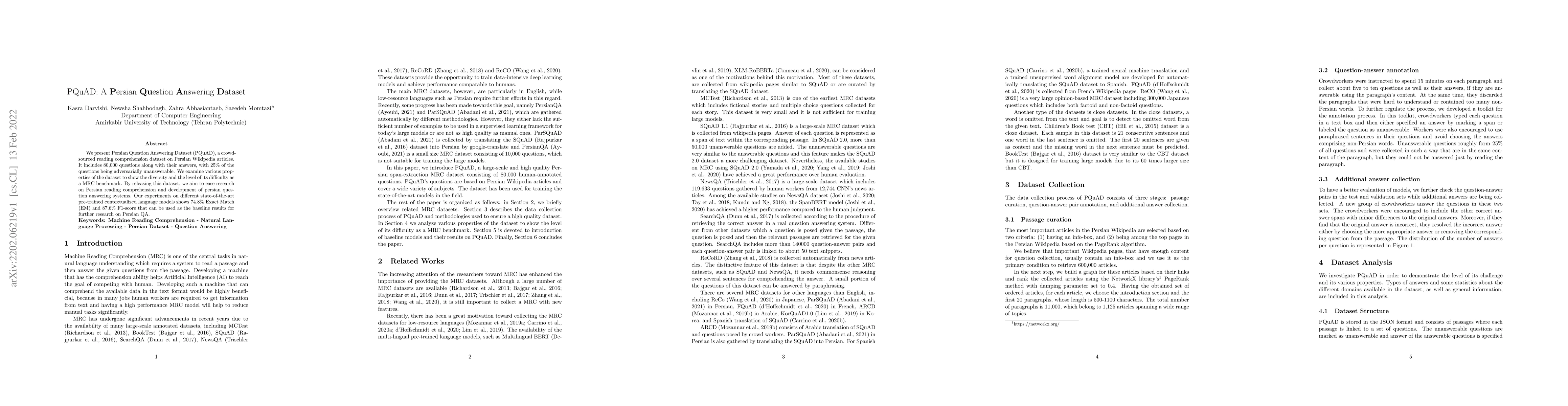 Thumbnail for PQuAD: A Persian Question Answering Dataset