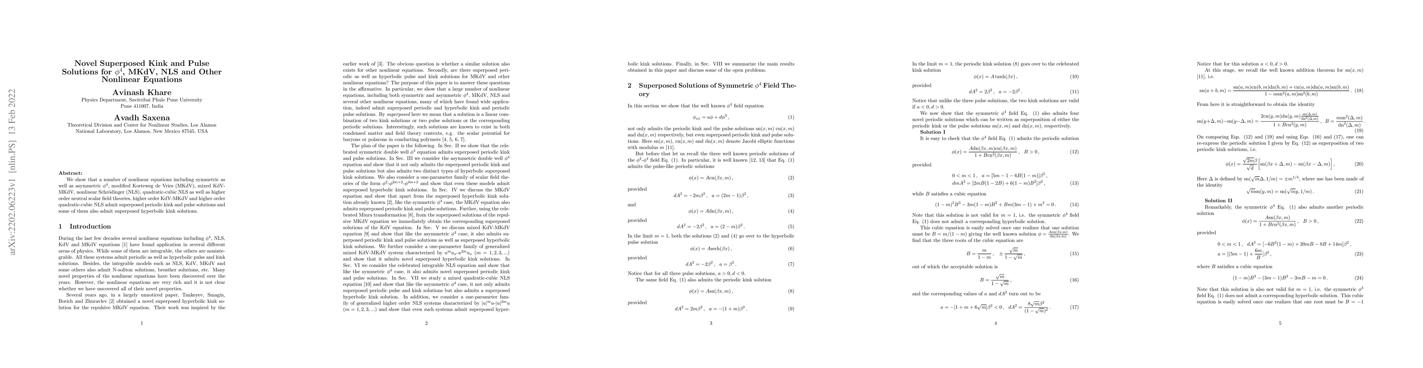 Thumbnail for Novel Superposed Kink and Pulse Solutions for $\phi^4$, MKdV, NLS and
  Other Nonlinear Equations