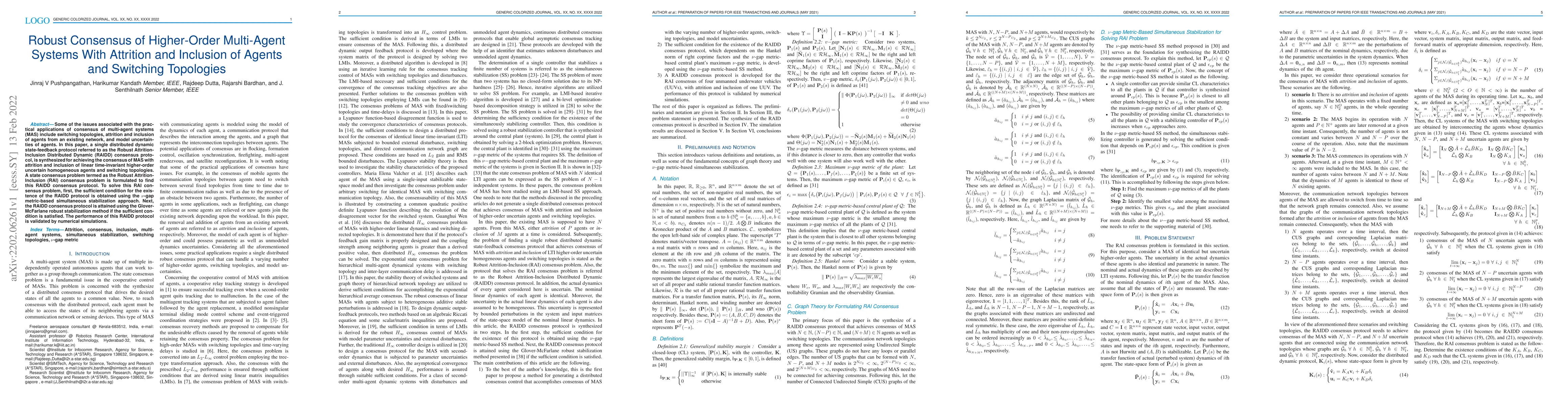 Thumbnail for Robust Consensus of Higher-Order Multi-Agent Systems With Attrition and
  Inclusion of Agents and Switching Topologies