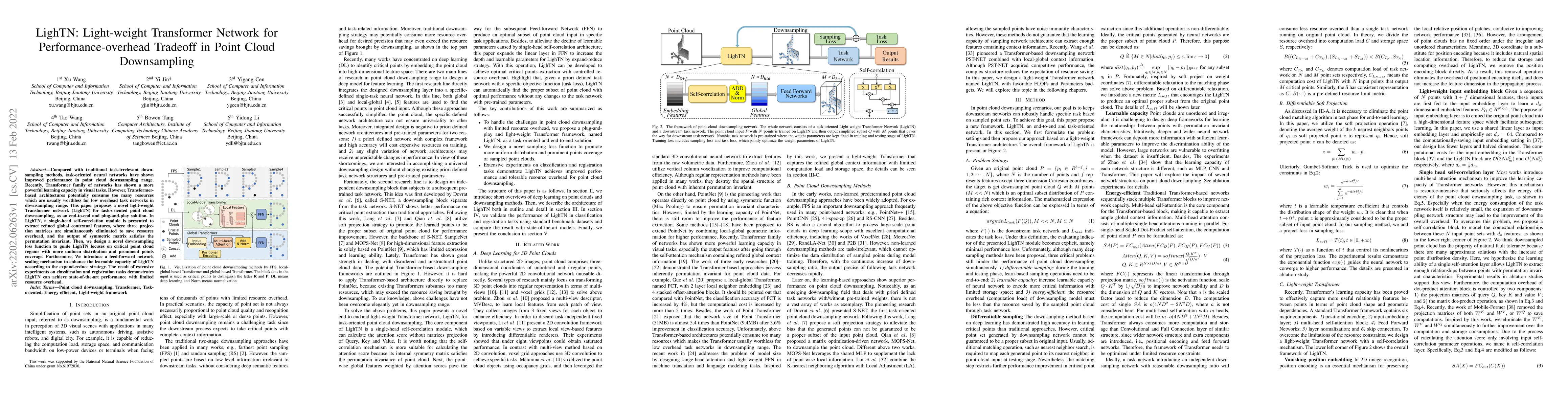 Thumbnail for LighTN: Light-weight Transformer Network for Performance-overhead
  Tradeoff in Point Cloud Downsampling
