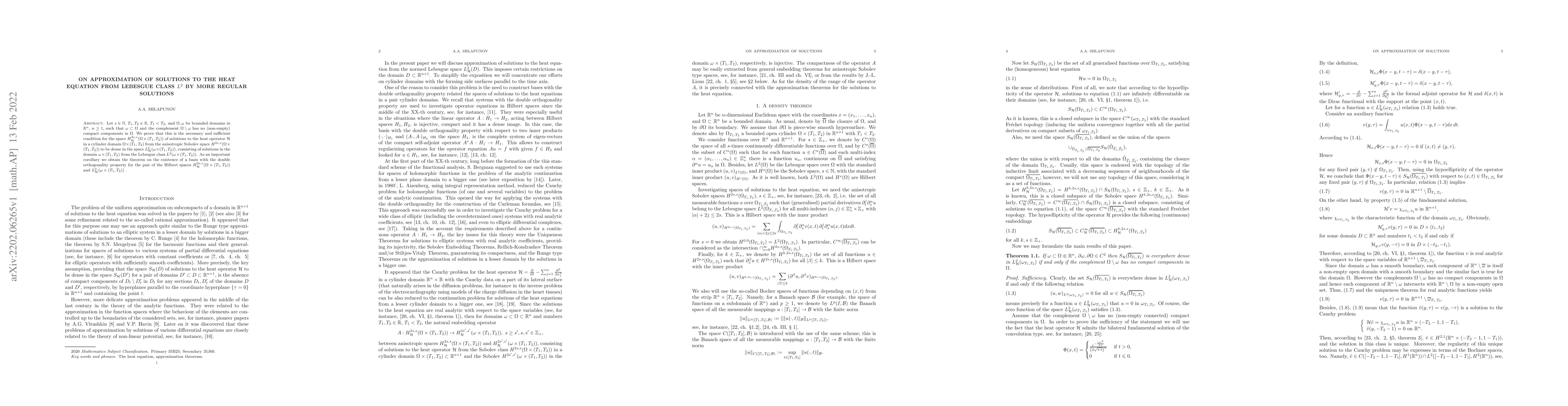 Thumbnail for On approximation of solutions to the heat equation from Lebesgue class
  $L^2$ by more regular solutions