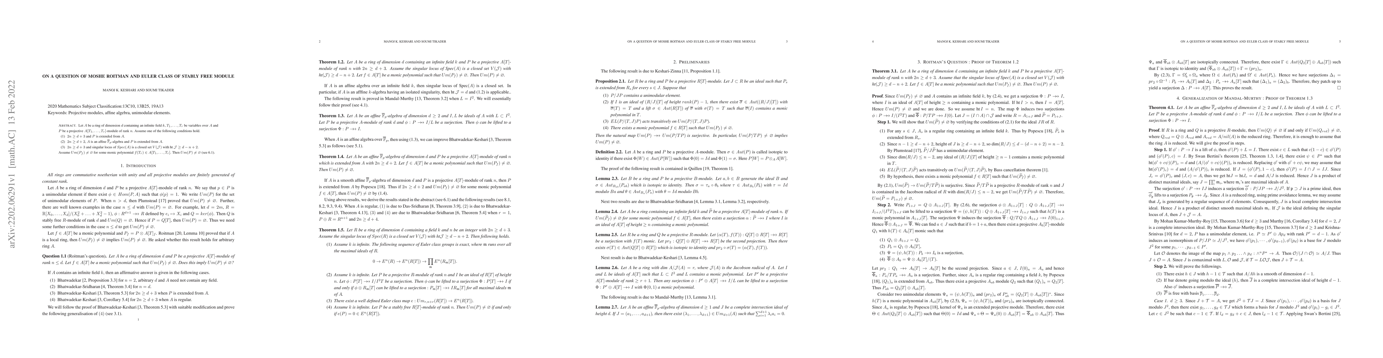 Thumbnail for On a question of Moshe Roitman and Euler class of stably free module