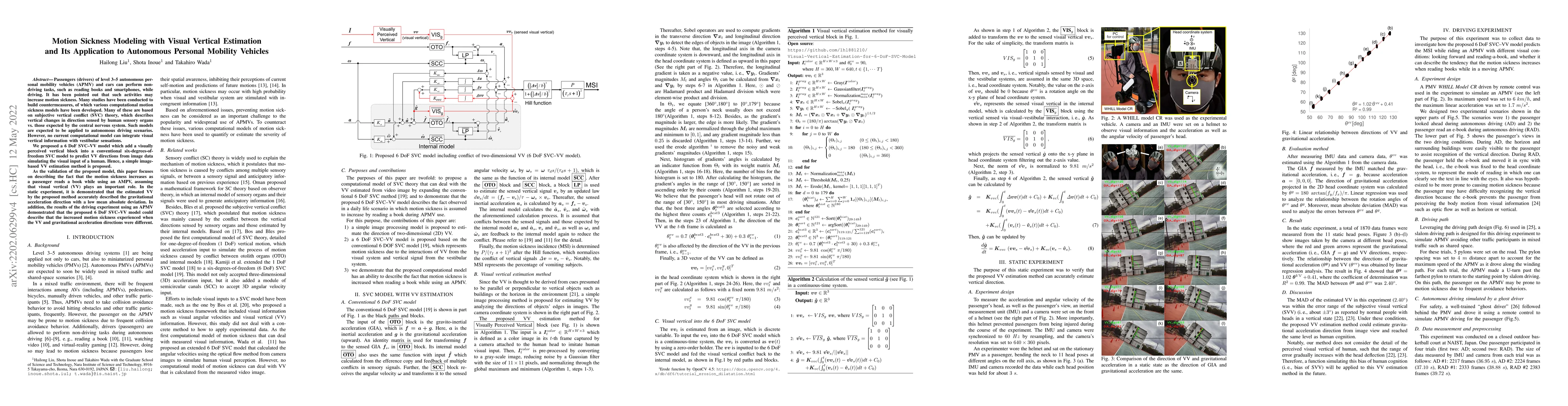 Thumbnail for Motion Sickness Modeling with Visual Vertical Estimation and Its
  Application to Autonomous Personal Mobility Vehicles