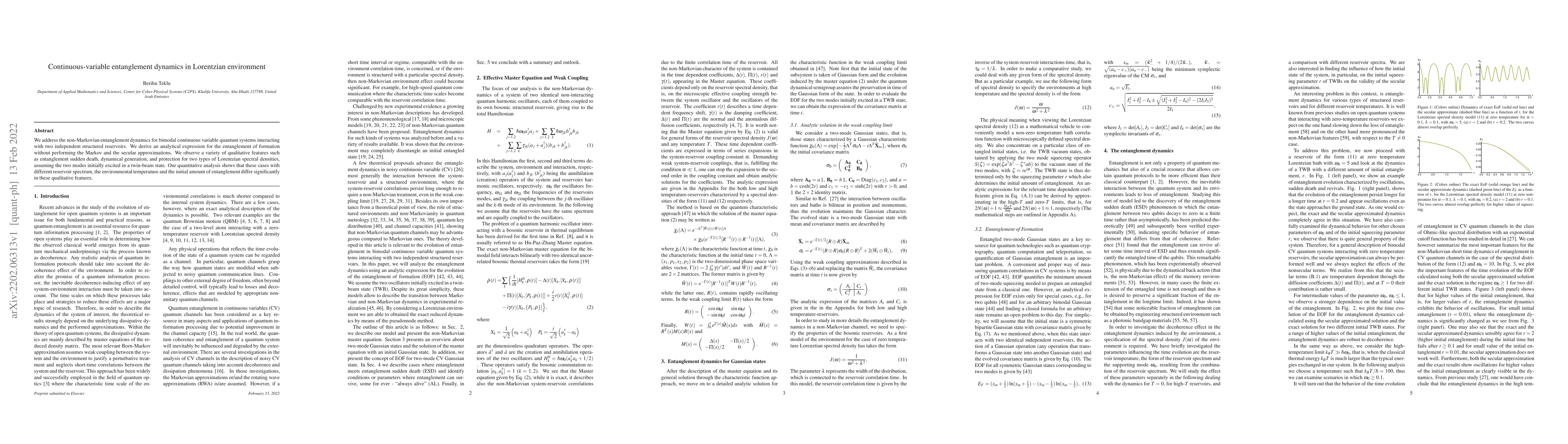 Thumbnail for Continuous-variable entanglement dynamics in Lorentzian environment