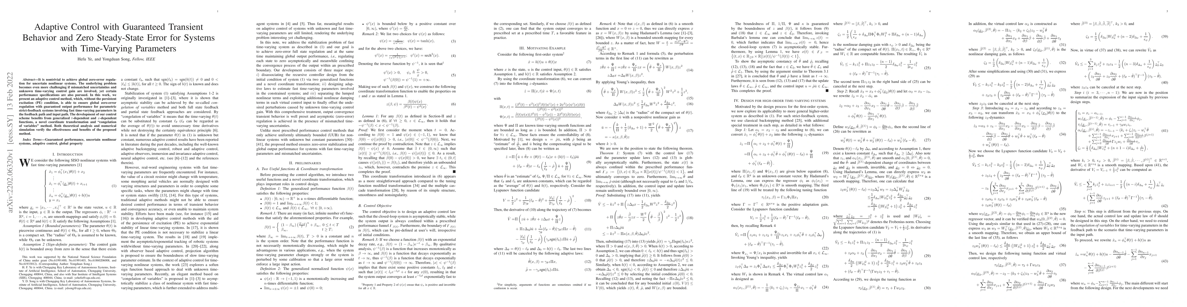 Thumbnail for Adaptive Control with Guaranteed Transient Behavior and Zero
  Steady-State Error for Systems with Time-Varying Parameters