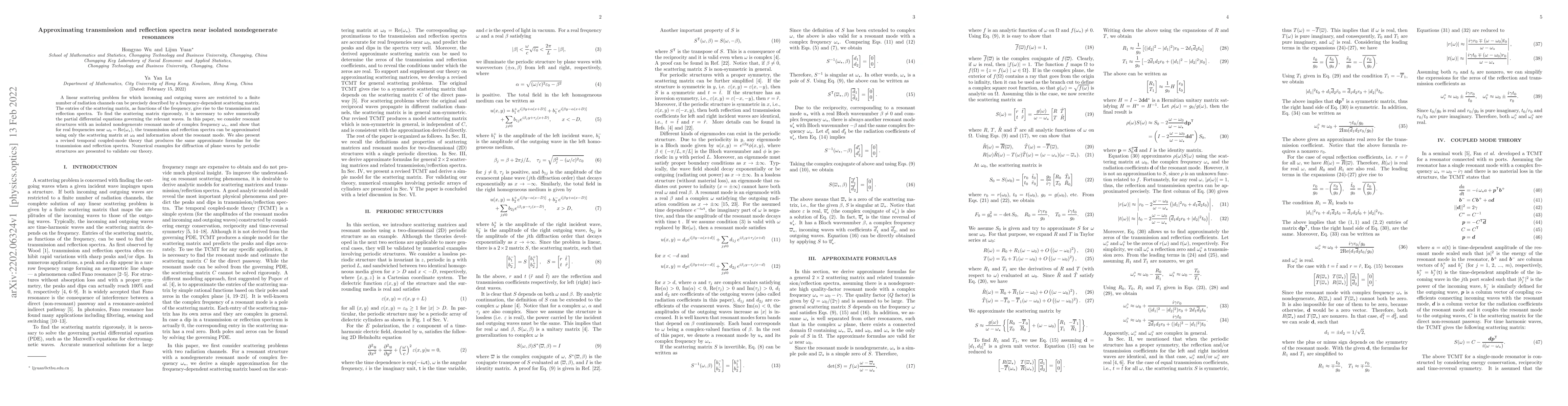 Thumbnail for Approximating transmission and reflection spectra near isolated
  nondegenerate resonances