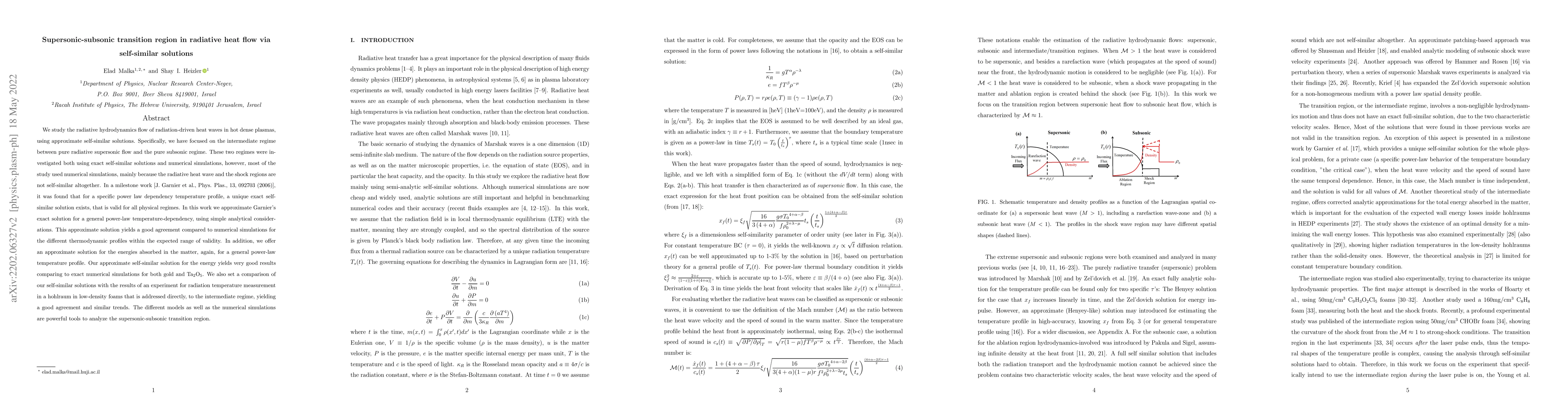 Thumbnail for Supersonic-subsonic transition region in radiative heat flow via
  self-similar solutions