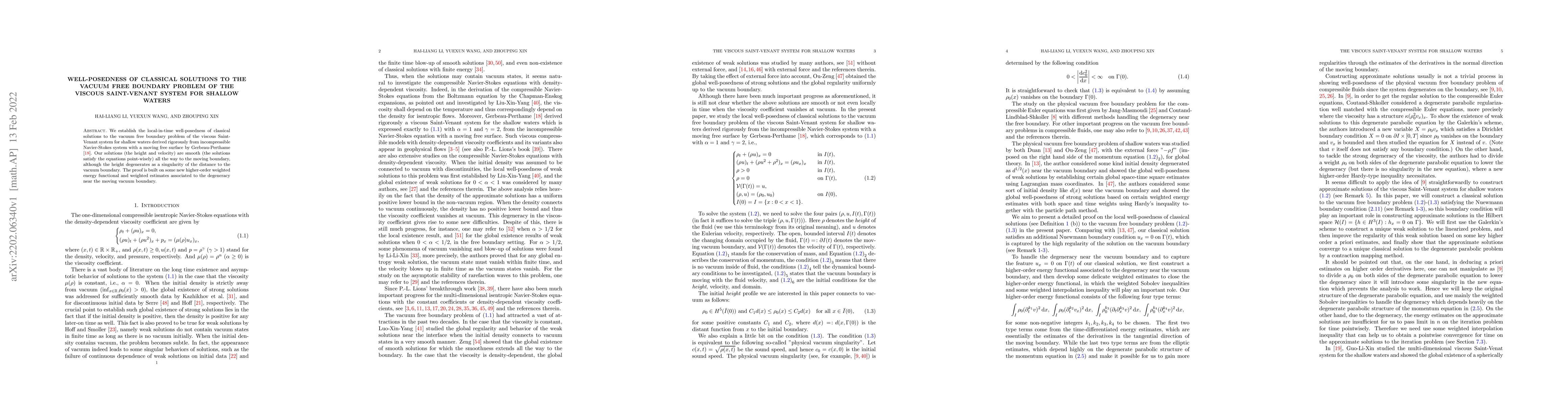 Thumbnail for Well-posedness of classical solutions to the vacuum free boundary
  problem of the viscous Saint-Venant system for shallow waters