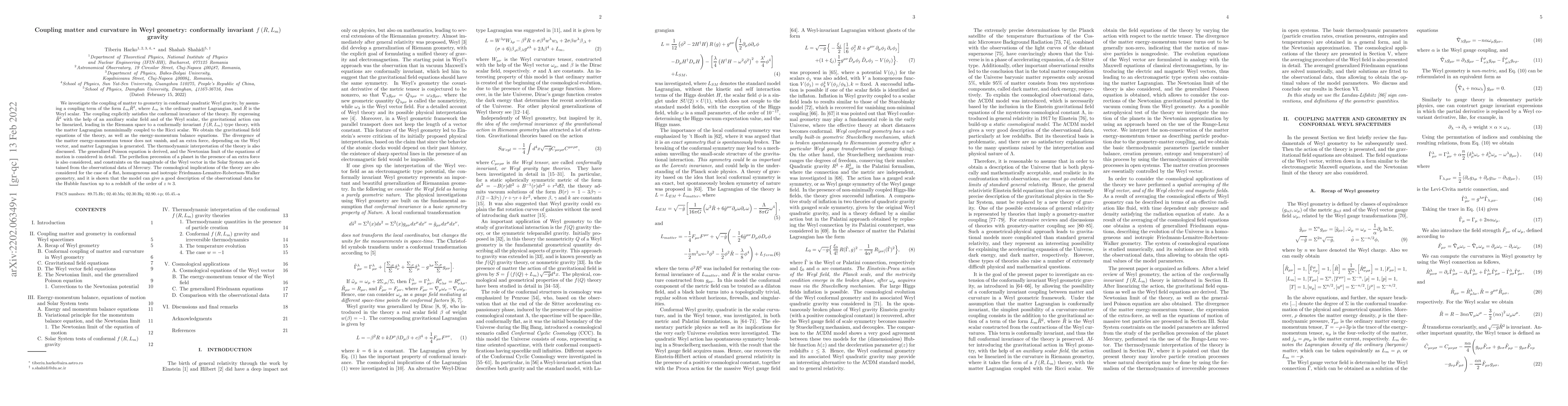 Thumbnail for Coupling matter and curvature in Weyl geometry: conformally invariant
  $f\left(R,L_m\right)$ gravity