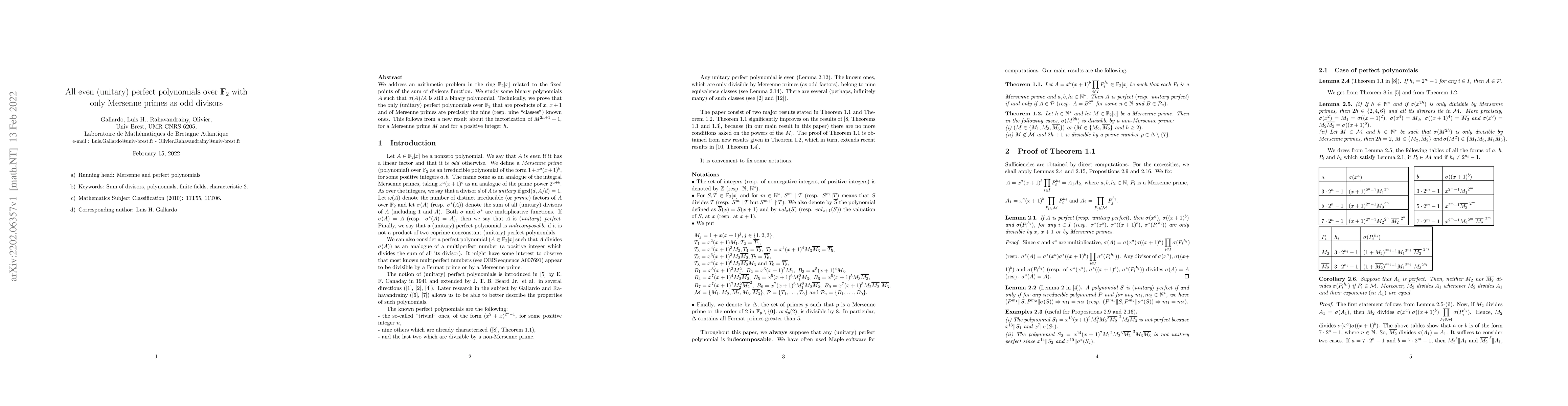Thumbnail for All even (unitary) perfect polynomials over $\F_2$ with only Mersenne
  primes as odd divisors
