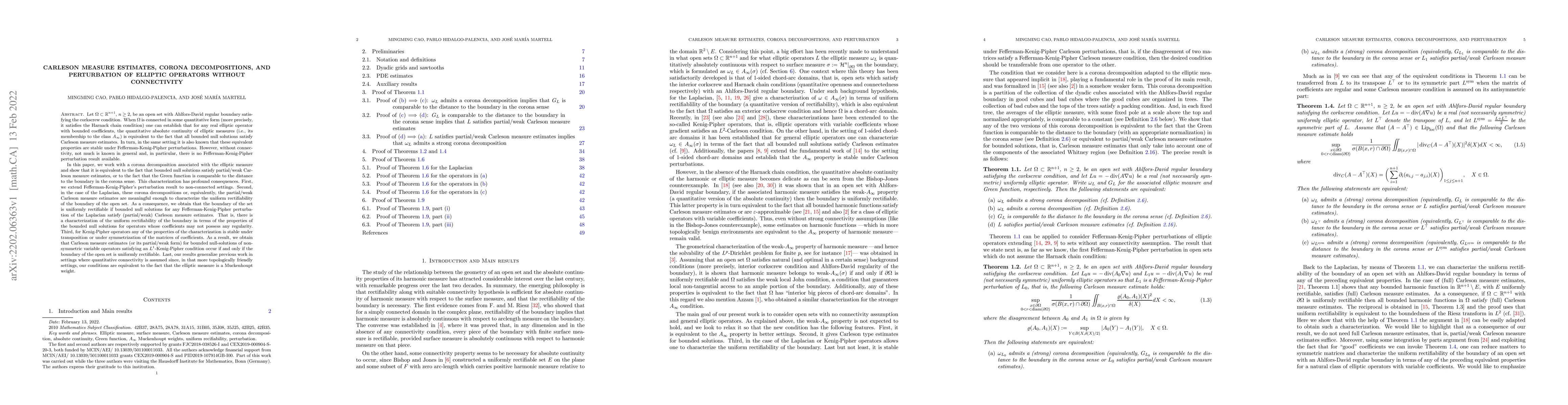 Thumbnail for Carleson measure estimates, corona decompositions, and perturbation of
  elliptic operators without connectivity