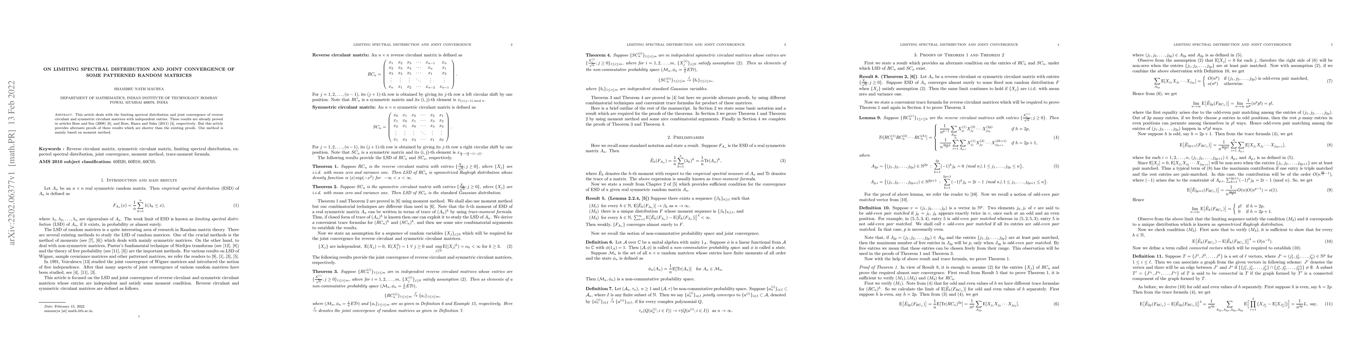 Thumbnail for On limiting spectral distribution and joint convergence of some
  patterned random matrices