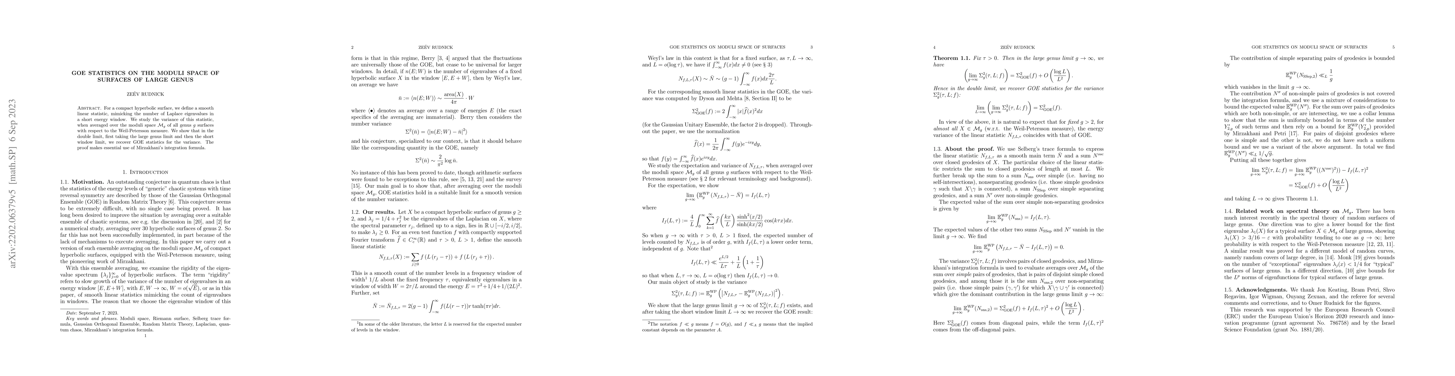 Thumbnail for GOE statistics on the moduli space of surfaces of large genus