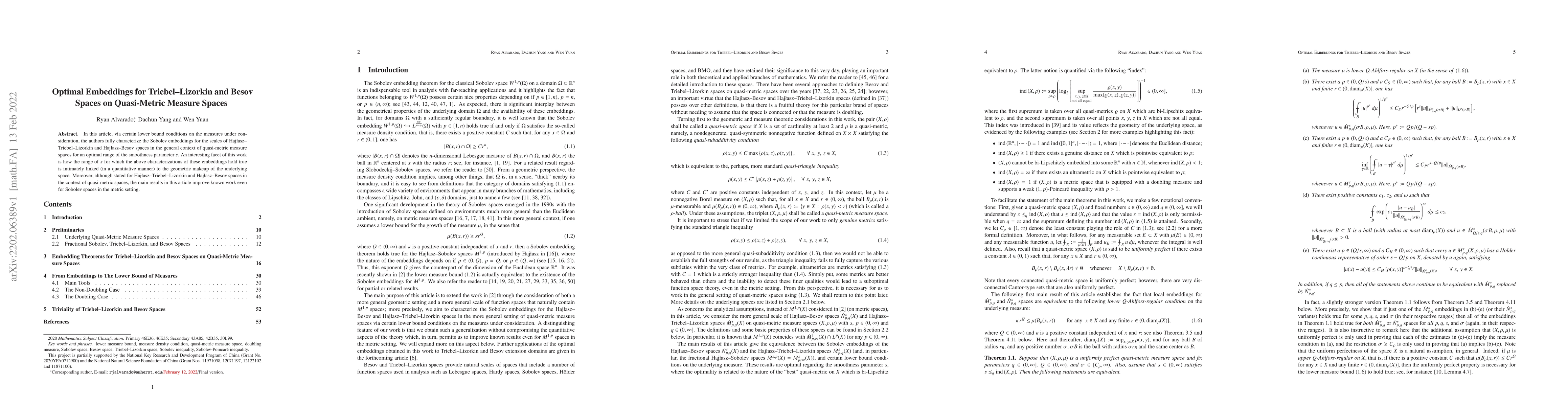 Thumbnail for Optimal Embeddings for Triebel-Lizorkin and Besov Spaces on Quasi-Metric
  Measure Spaces