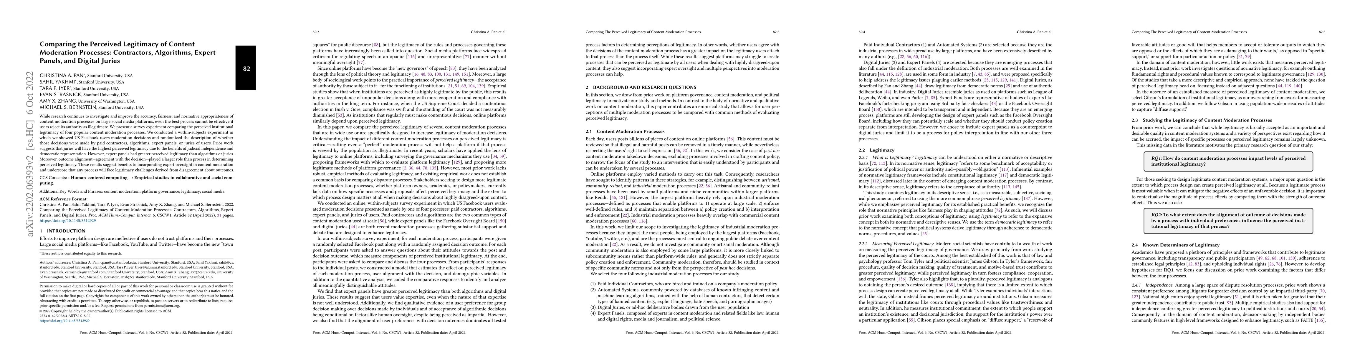 Thumbnail for Comparing the Perceived Legitimacy of Content Moderation Processes:
  Contractors, Algorithms, Expert Panels, and Digital Juries