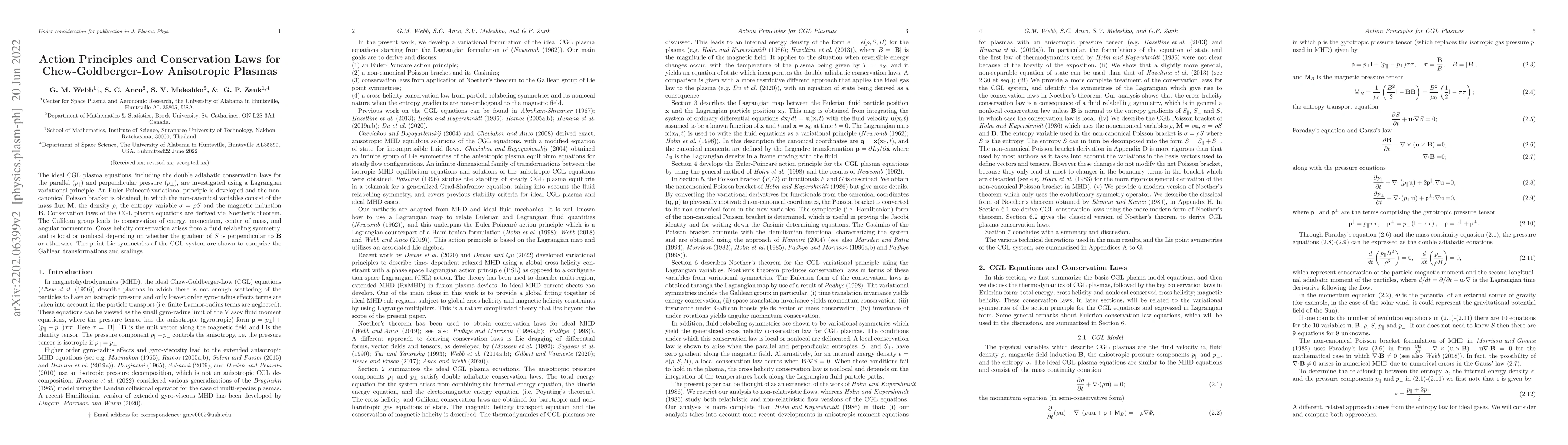 Thumbnail for Action Principles and Conservation Laws for Chew-Goldberger-Low
  Anisotropic Plasmas