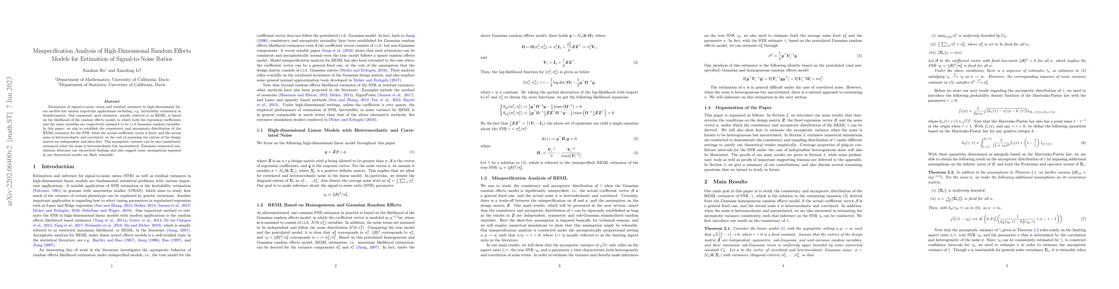 Thumbnail for Misspecification Analysis of High-Dimensional Random Effects Models for
  Estimation of Signal-to-Noise Ratios