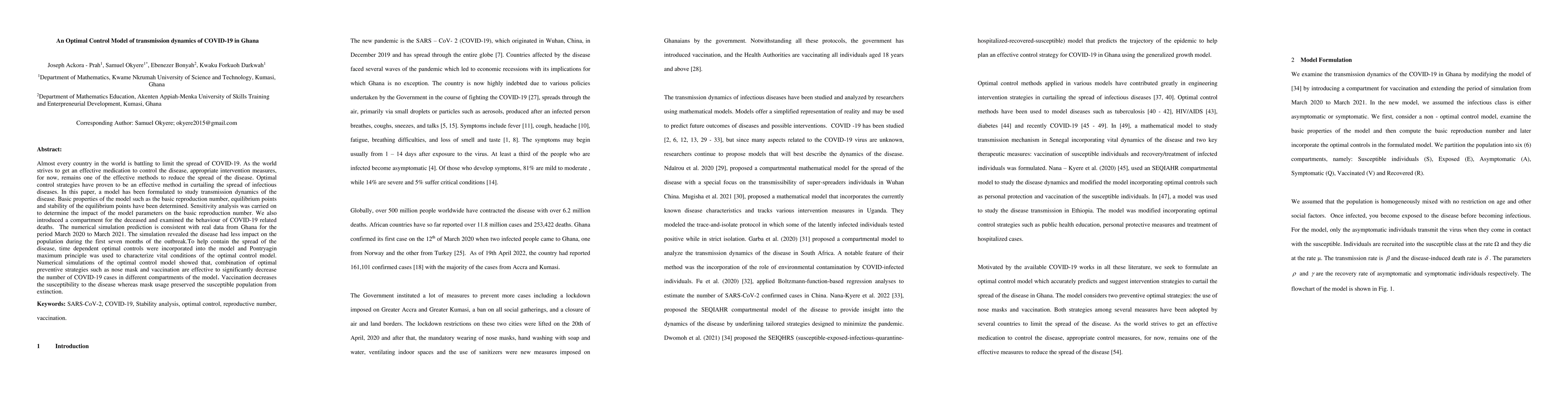 Thumbnail for An Optimal Control Model of transmission dynamics of COVID-19 in Ghana