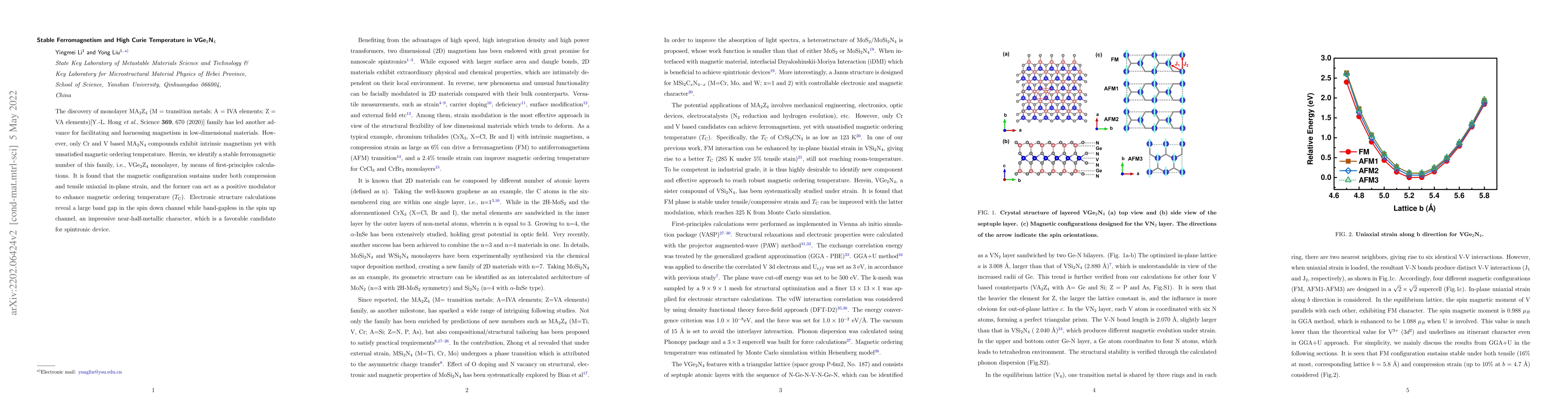 Thumbnail for Stable Ferromagnetism and High Curie Temperature in VGe$_2$N$_4$