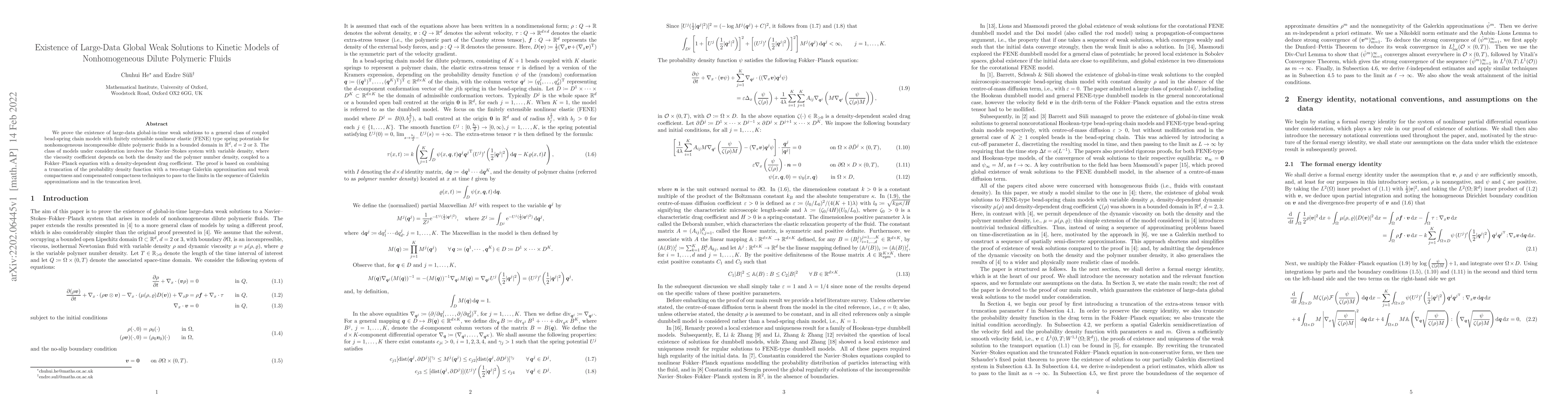 Thumbnail for Existence of Large-Data Global Weak Solutions to Kinetic Models of
  Nonhomogeneous Dilute Polymeric Fluids