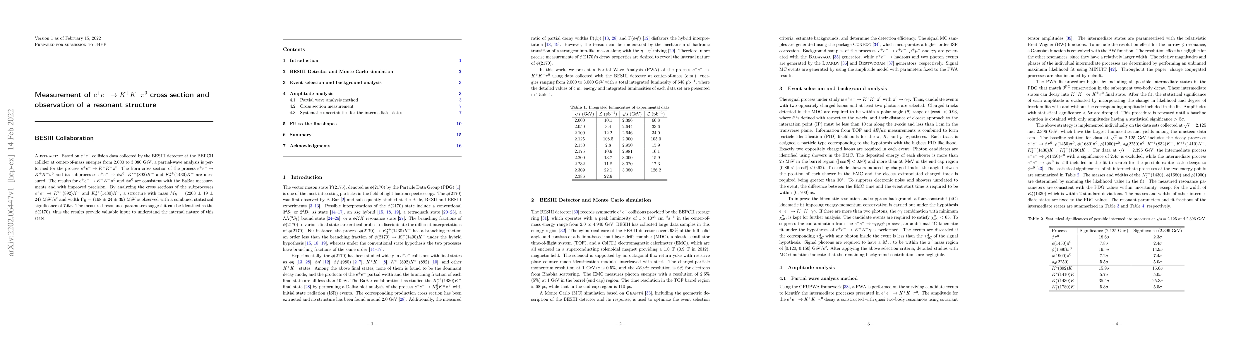 Thumbnail for Measurement of $e^{+}e^{-} \to K^{+}K^{-}\pi^{0}$ cross section and
  observation of a resonant structure