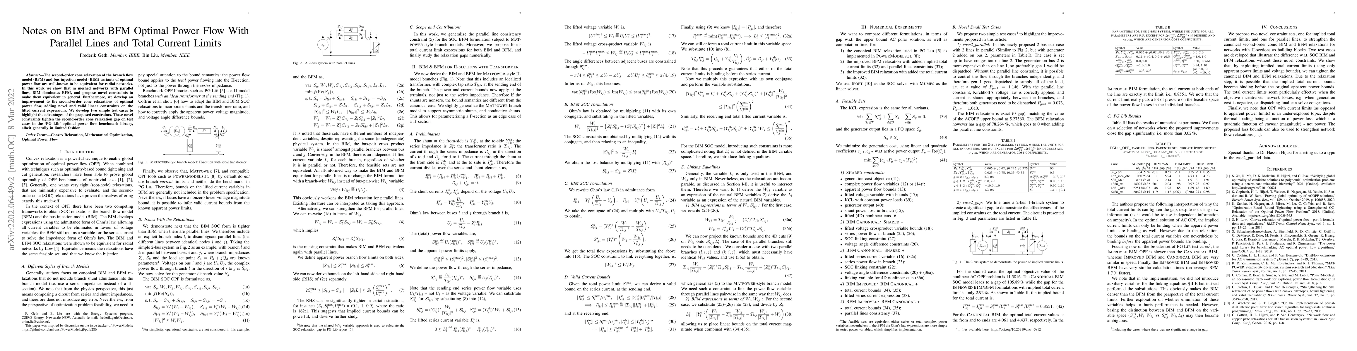 Thumbnail for Notes on BIM and BFM Optimal Power Flow With Parallel Lines and Total
  Current Limits