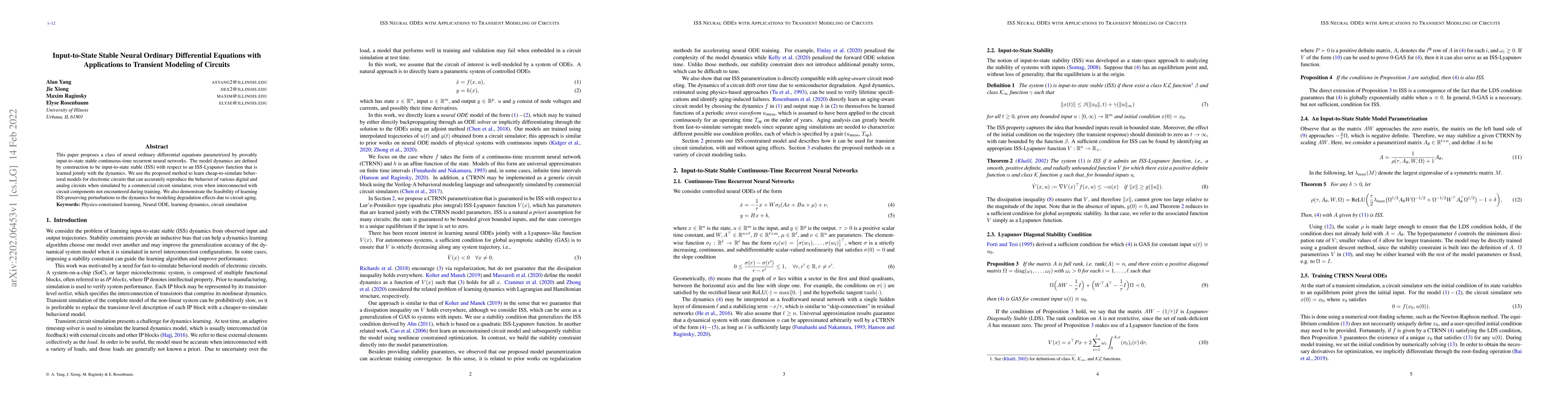Thumbnail for Input-to-State Stable Neural Ordinary Differential Equations with
  Applications to Transient Modeling of Circuits