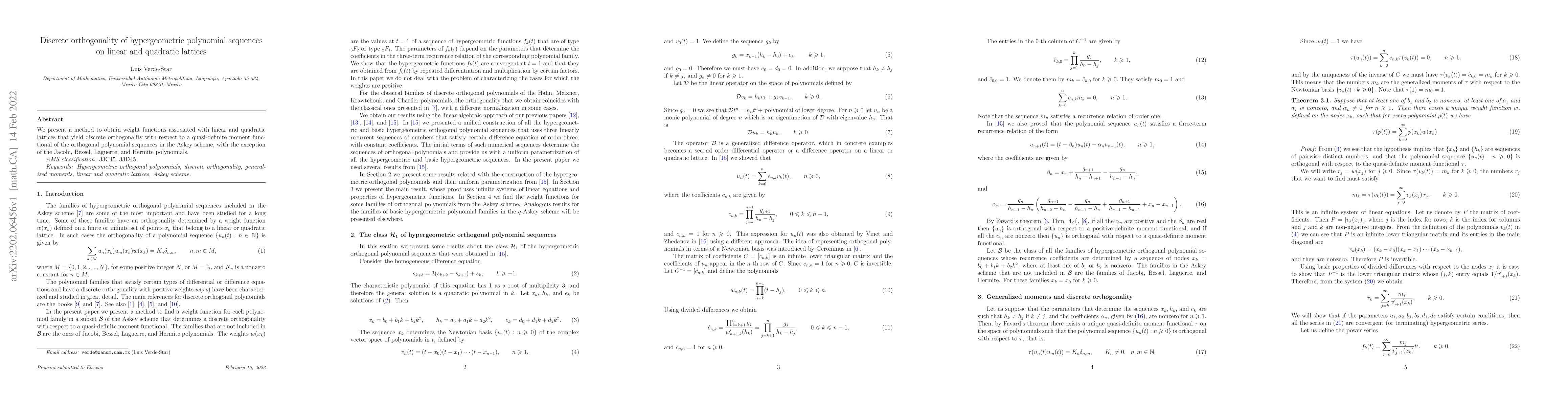 Thumbnail for Discrete orthogonality of hypergeometric polynomial sequences on linear
  and quadratic lattices